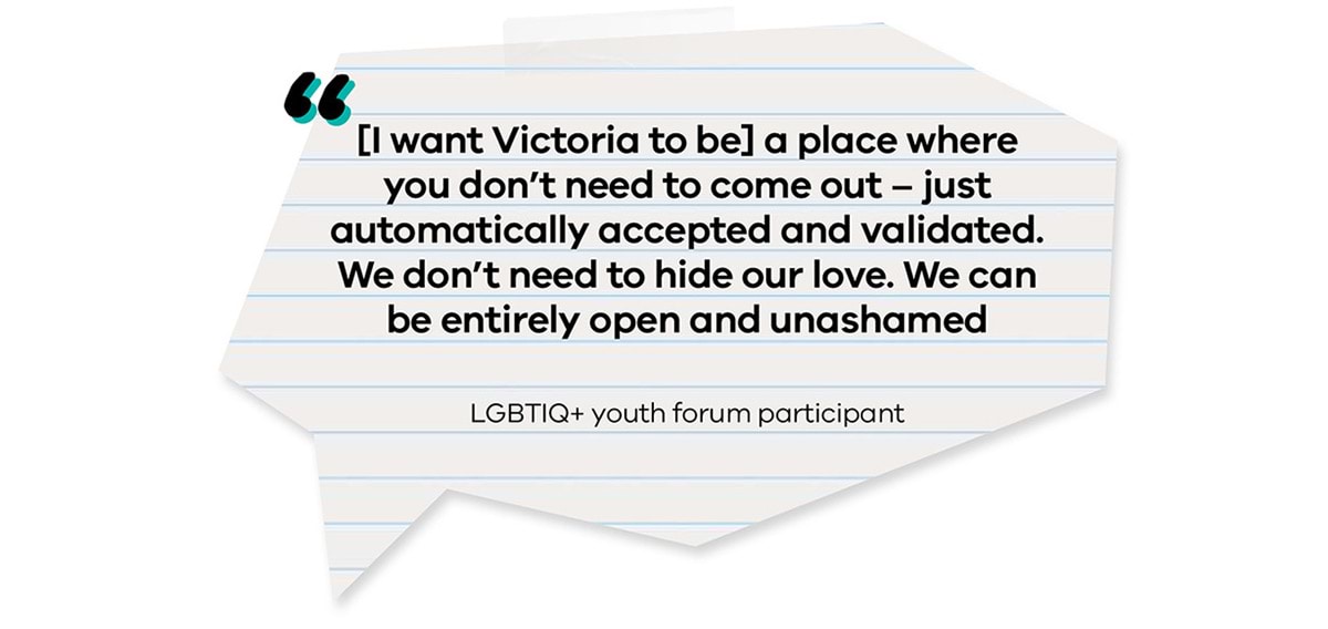 ‘[I want Victoria to be] a place where you don’t need to come out – just automatically accepted and validated. We don’t need to hide our love. We can be entirely open and unashamed.’ – LGBTIQ+ youth forum participant 