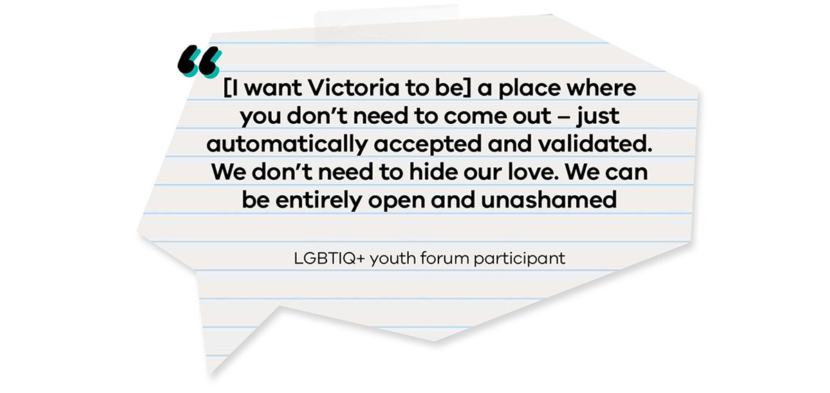 ‘[I want Victoria to be] a place where you don’t need to come out – just automatically accepted and validated. We don’t need to hide our love. We can be entirely open and unashamed.’ – LGBTIQ+ youth forum participant 