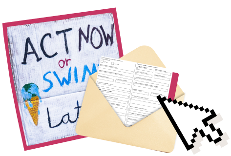 A placard with the words 'Act now or swim later' written on it, a paper letter in an envelope and a cursor