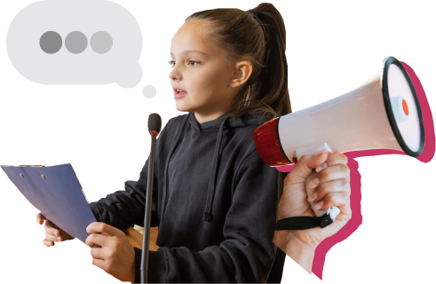 Teenager speaking at a podium surrounded by a speech bubble and megaphone