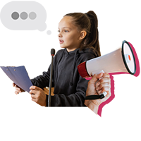 Teenager speaking at a podium surrounded by a speech bubble and megaphone