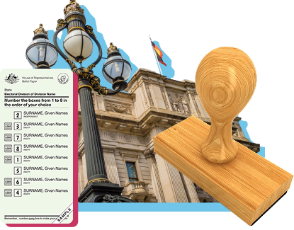 A ballot paper, Victorian parliament house and a rubber stamp