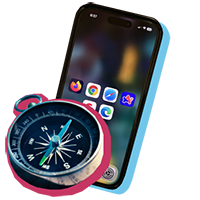 A compass and a mobile phone with browser icons displayed on the screen