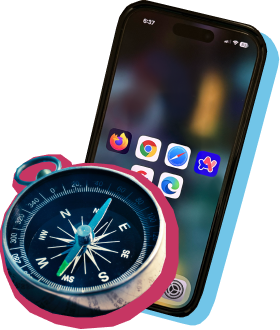 A compass and a mobile phone displaying a range of browser icons