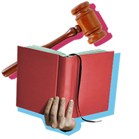 A hand holding a red book with a gavel above it