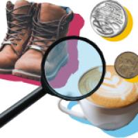 Boots, coffee, magnifying glass and coins