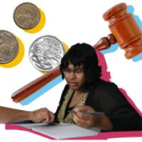 Gavel with woman and coins