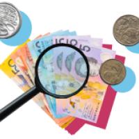 Magnifying glass with coins