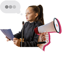Teenager speaking at a podium surrounded by a speech bubble and megaphone