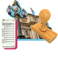 A ballot paper, Victorian parliament house and a rubber stamp