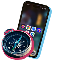 A compass and a mobile phone with browser icons displayed on the screen