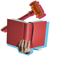 A hand holding a red book with a gavel above it